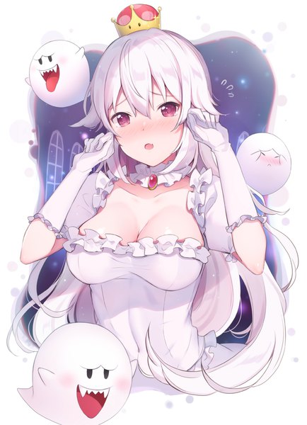 Anime picture 700x968 with super mario bros. new super mario bros. u deluxe princess king boo boo (mario) 6u (eternal land) single long hair tall image looking at viewer blush fringe breasts open mouth light erotic simple background hair between eyes large breasts white background cleavage upper body