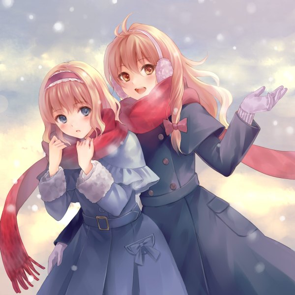 Anime picture 1200x1200 with touhou kirisame marisa alice margatroid fukahire (ruinon) long hair blush open mouth blue eyes blonde hair multiple girls brown eyes shared scarf girl gloves bow 2 girls hair bow hairband scarf red scarf