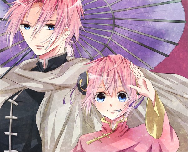 Anime picture 1458x1178 with gintama sunrise (studio) kagura (gintama) kamui (gintama) lemon (lmn826) long hair looking at viewer short hair open mouth blue eyes pink hair upper body braid (braids) traditional clothes hair bun (hair buns) chinese clothes family girl boy umbrella