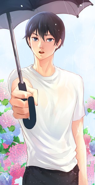 Anime picture 740x1435 with haikyuu!! production i.g kageyama tobio i-sol-e single tall image looking at viewer fringe short hair open mouth blue eyes black hair hair between eyes standing holding sky outdoors outstretched arm rain boy