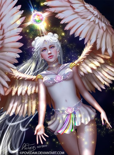 Anime picture 668x900 with bishoujo senshi sailor moon toei animation sailor cosmos povedam single long hair tall image blush purple eyes signed silver hair wind lips hair bun (hair buns) dutch angle dark background angel wings glow forehead mark girl