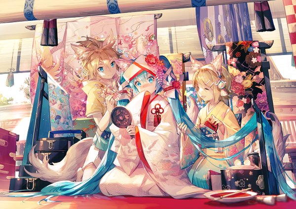 Anime picture 1280x905 with vocaloid hatsune miku kagamine rin kagamine len scorpion5050 long hair blush fringe short hair blue eyes blonde hair smile hair between eyes sitting twintails multiple girls holding animal ears full body indoors