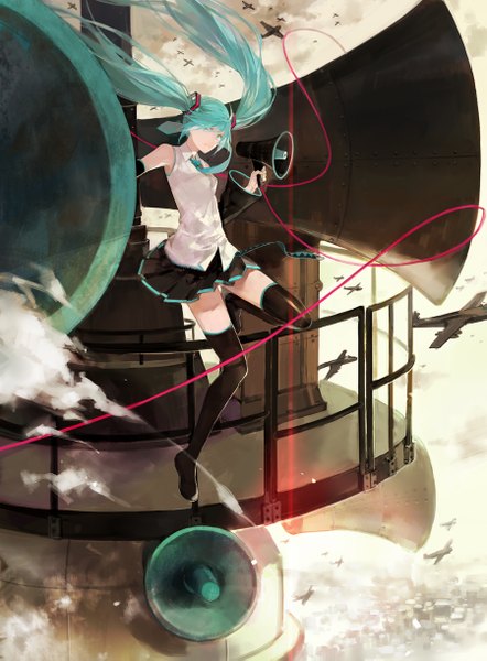 Anime picture 900x1221 with vocaloid koi wa sensou (vocaloid) hatsune miku cotta single long hair tall image looking at viewer blush fringe twintails bare shoulders aqua eyes hair over one eye aqua hair weightlessness girl thighhighs skirt hair ornament
