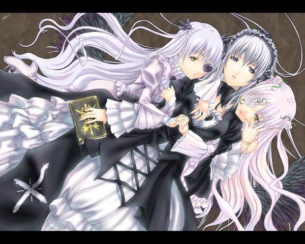 Anime picture 1280x1024 with rozen maiden suigintou barasuishou sabamu long hair silver hair letterboxed lolita fashion goth-loli girl dress wings book (books) eyepatch