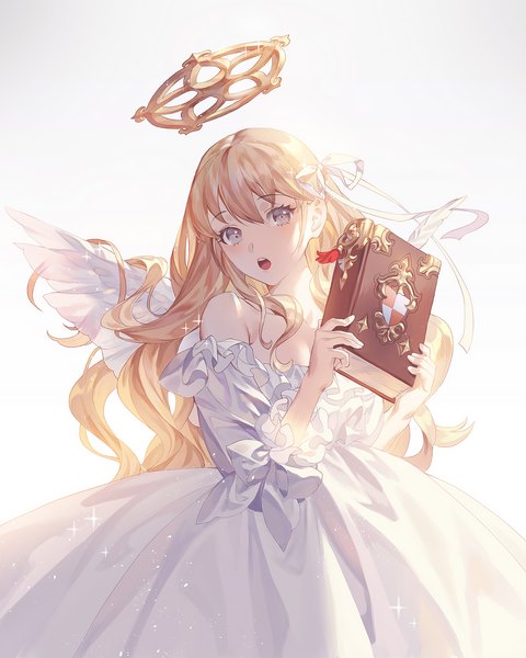 Anime picture 1600x2000 with original fajyobore single long hair tall image fringe open mouth simple background blonde hair hair between eyes white background sparkle grey eyes white wings girl dress ribbon (ribbons) hair ribbon wings white dress