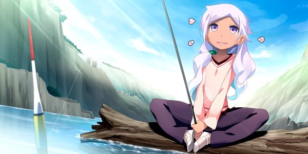 Anime picture 2400x1200 with kaminoyu (game) single long hair highres smile wide image sitting purple eyes game cg purple hair gradient hair indian style girl water