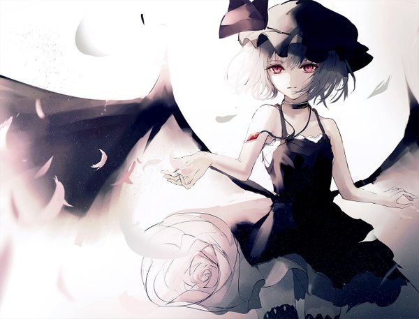 Anime picture 1326x1011 with touhou remilia scarlet beckzawachi single looking at viewer fringe short hair simple background hair between eyes red eyes standing white background bare shoulders silver hair black wings low wings polychromatic girl dress wings