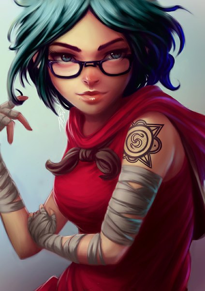 Anime picture 764x1080 with rafaarsen single tall image looking at viewer short hair simple background aqua eyes lips aqua hair tattoo girl glasses bandage (bandages)