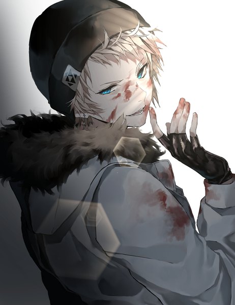 Anime picture 2460x3192 with original yukishima bema single tall image looking at viewer highres short hair open mouth blue eyes blonde hair simple background smile white background upper body looking back fur trim gradient background lens flare finger to mouth blood on face