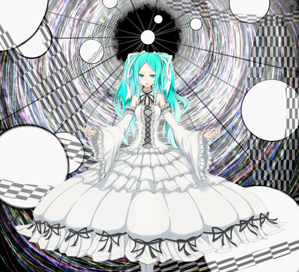 Anime picture 1650x1500 with vocaloid hatsune miku azure luna single twintails very long hair aqua eyes aqua hair girl dress ribbon (ribbons) hair ribbon detached sleeves