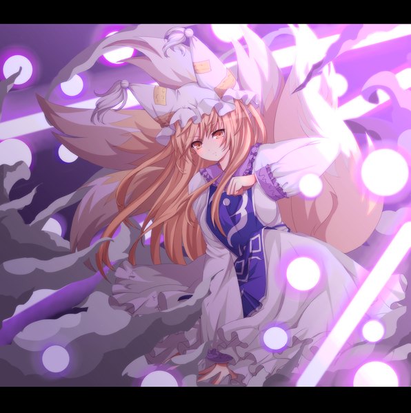 Anime picture 2140x2157 with touhou yakumo ran sawara (starligtvision) single long hair tall image highres blonde hair yellow eyes fox ears fox tail fox girl multiple tails girl dress bonnet