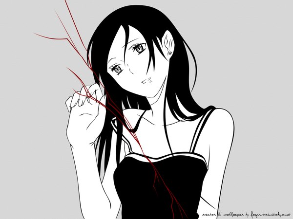 Anime picture 2048x1536 with d.gray-man lenalee lee tagme (artist) single long hair highres simple background bare shoulders looking away grey background wallpaper monochrome vector girl earrings