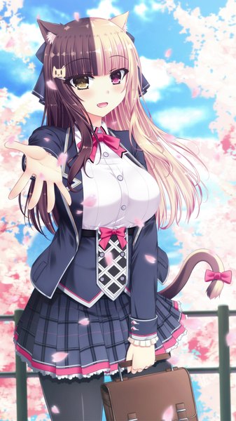 Anime picture 1080x1920 with original a1q2sw single long hair tall image looking at viewer blush open mouth black hair blonde hair animal ears tail animal tail multicolored hair cat ears two-tone hair cat girl cat tail girl skirt