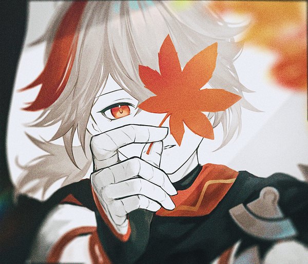 Anime picture 1396x1198 with genshin impact kaedehara kazuha anna (drw01) single looking at viewer fringe short hair red eyes holding silver hair upper body multicolored hair streaked hair low ponytail covering eye (eyes) boy leaf (leaves) autumn leaves maple leaf
