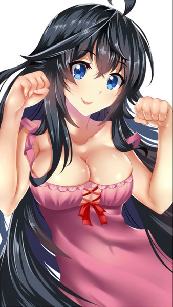 Anime picture 903x1600 with netoge no yome wa onna no ko janai to omotta? project no.9 tamaki ako paperfinger single tall image looking at viewer blush breasts blue eyes light erotic black hair smile large breasts cleavage ahoge very long hair girl dress