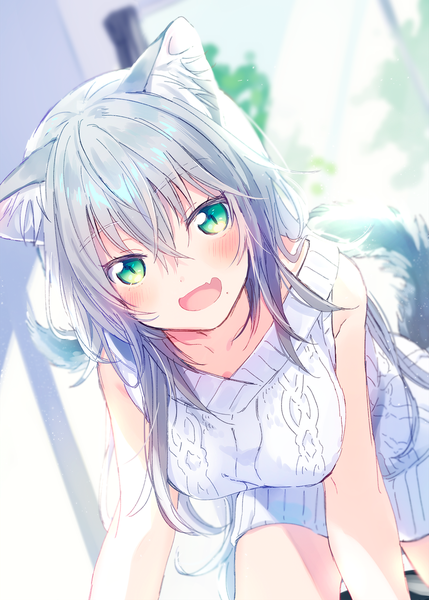 Anime picture 1166x1632 with original fujino (unajisaiko) single long hair tall image looking at viewer blush fringe breasts open mouth hair between eyes green eyes animal ears silver hair tail animal tail cat ears mole cat girl cat tail