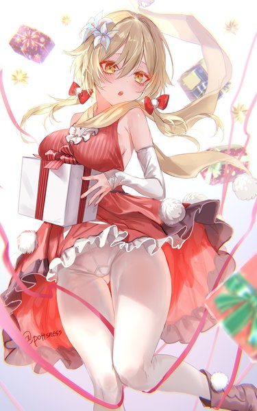 Anime picture 2000x3200 with genshin impact lumine (genshin impact) pottsness single long hair tall image fringe highres light erotic blonde hair hair between eyes twintails signed yellow eyes looking away hair flower twitter username low twintails ass visible through thighs christmas