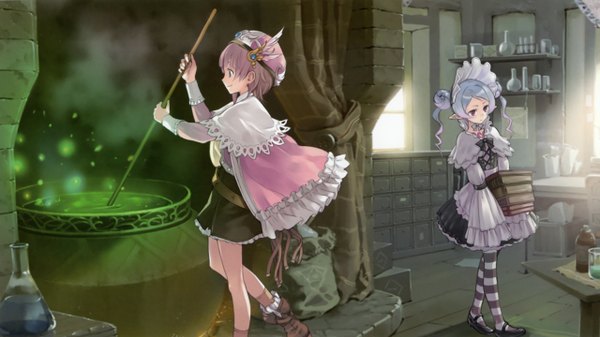 Anime picture 2560x1440 with atelier (series) gust (company) rorolina frixell hom kishida mel highres short hair smile red eyes brown hair wide image multiple girls blue hair pointy ears girl thighhighs dress 2 girls striped thighhighs bonnet