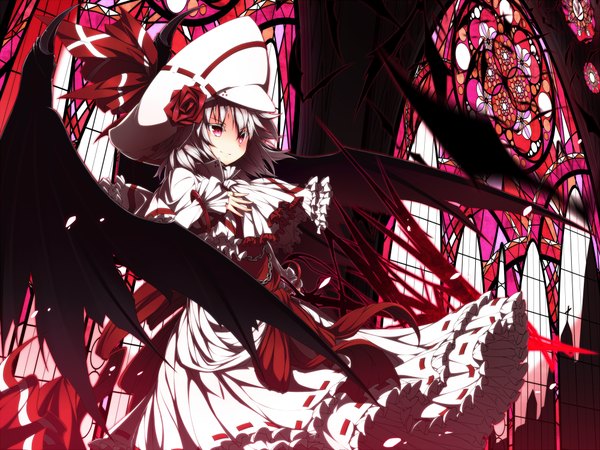 Anime picture 2000x1500 with touhou remilia scarlet ugume single highres short hair smile looking away white hair pink eyes girl dress flower (flowers) petals wings frills headdress window stained glass