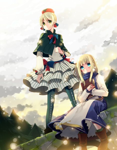 Anime picture 781x1000 with original rugo tall image short hair blue eyes blonde hair sitting multiple girls green eyes girl dress 2 girls plant (plants) hat tree (trees) boots book (books)