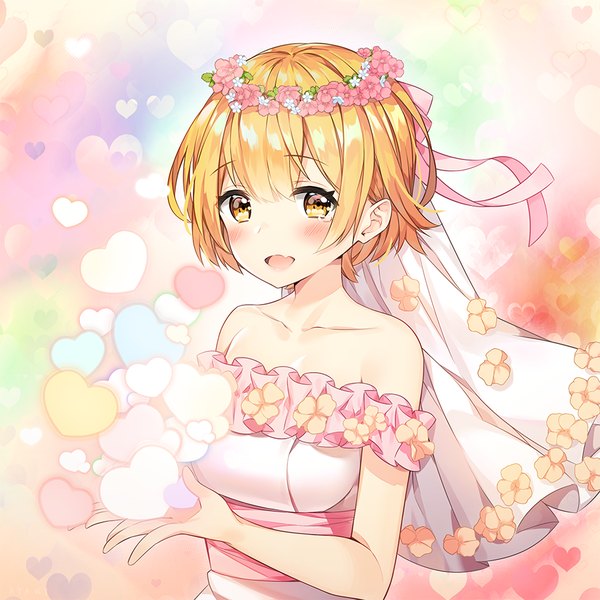Anime picture 900x900 with virtual youtuber hololive yozora mel ayami (annahibi) single looking at viewer blush fringe short hair open mouth blonde hair smile bare shoulders yellow eyes upper body :d hair flower off shoulder fang (fangs) girl