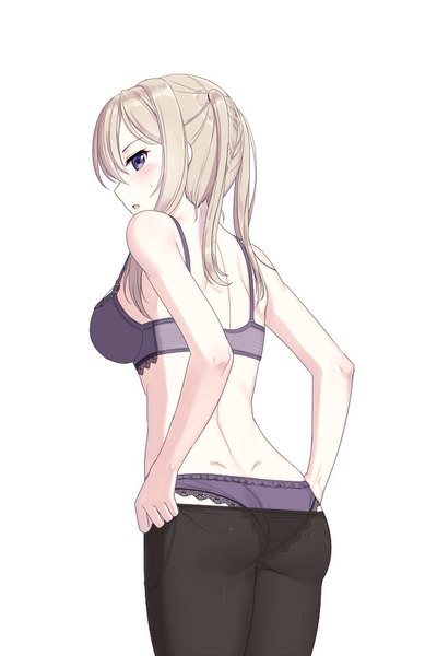 Anime-Bild 666x1000 mit kantai collection graf zeppelin (kantai collection) cnm single long hair tall image fringe breasts open mouth light erotic simple background blonde hair large breasts standing white background purple eyes twintails bare shoulders payot ass