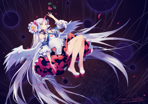Anime picture 1527x1080 with vocaloid xingchen criin single bare shoulders signed looking away silver hair full body very long hair horn (horns) heterochromia tress ribbon girl dress flower (flowers) ribbon (ribbons) hair ribbon petals wings