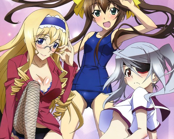 Anime picture 4000x3200 with infinite stratos megami magazine 8bit laura bodewig cecilia orcott fang linyin long hair blush highres open mouth blue eyes light erotic blonde hair smile red eyes brown hair twintails purple eyes multiple girls green eyes