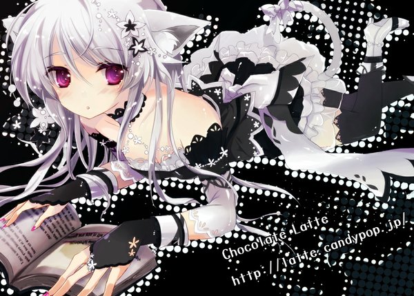 Anime picture 1000x718 with original ichiyou moka single long hair blush bare shoulders animal ears white hair pink eyes cat ears cat tail girl thighhighs dress black thighhighs book (books)