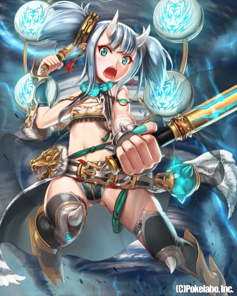 Anime picture 960x1200 with original remana single long hair tall image looking at viewer open mouth light erotic twintails bare shoulders holding bent knee (knees) nail polish horn (horns) aqua eyes fingernails grey hair inscription from below short twintails