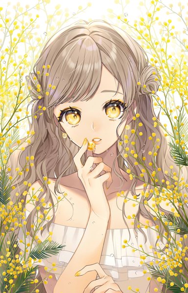 Anime picture 1432x2229 with original sogawa single long hair tall image looking at viewer fringe brown hair standing bare shoulders holding yellow eyes payot upper body outdoors nail polish parted lips arm up fingernails finger to mouth
