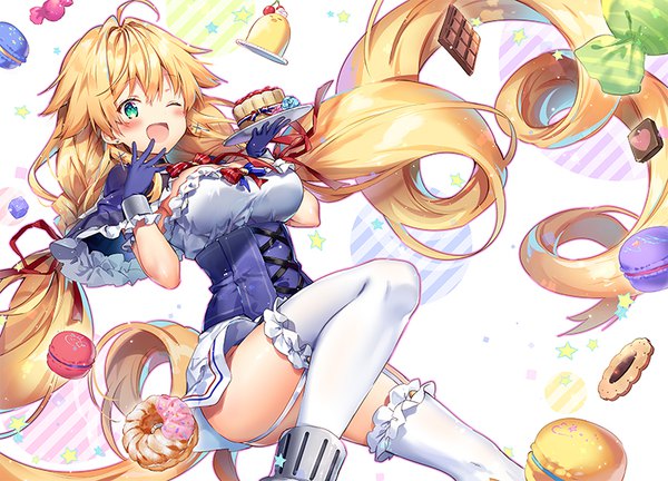 Anime picture 800x576 with azur lane le temeraire (azur lane) riichu single looking at viewer blush fringe breasts open mouth light erotic simple background blonde hair smile hair between eyes large breasts green eyes payot ahoge bent knee (knees) braid (braids)