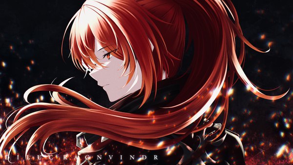 Anime-Bild 2560x1440 mit genshin impact diluc ragnvindr diluc (red dead of night) (genshin impact) nisikm single long hair fringe highres hair between eyes red eyes wide image looking away upper body ponytail red hair profile from behind character names turning head boy