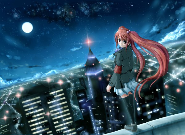 Anime picture 4688x3425 with umineko no naku koro ni ushiromiya ange long hair highres twintails absurdres red hair looking back night city cityscape girl thighhighs black thighhighs jacket moon star (stars) full moon