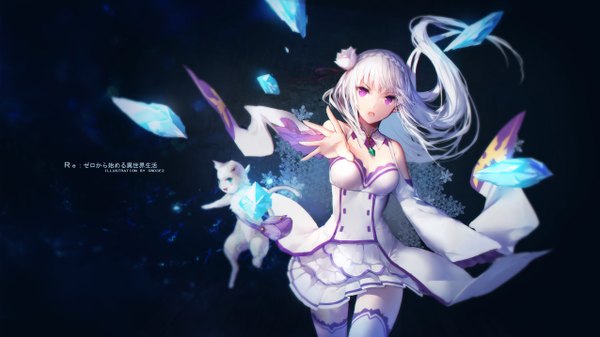 Anime picture 2551x1435 with re:zero kara hajimeru isekai seikatsu white fox emilia (re:zero) puck (re:zero) swd3e2 single long hair fringe highres breasts open mouth blue eyes simple background wide image purple eyes bare shoulders cleavage silver hair braid (braids) long sleeves