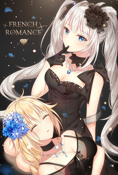 Anime picture 2695x4000 with fate (series) fate/grand order fate/apocrypha jeanne d'arc (fate) (all) jeanne d'arc (fate) marie antoinette (fate/grand order) junpaku karen long hair tall image looking at viewer fringe highres breasts blue eyes light erotic blonde hair smile hair between eyes large breasts twintails