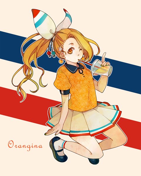 Anime picture 1440x1800 with original orangina anzu (astro75) single long hair tall image looking at viewer blonde hair ponytail nail polish pleated skirt one eye closed wink orange eyes character names jumping drinking france girl skirt