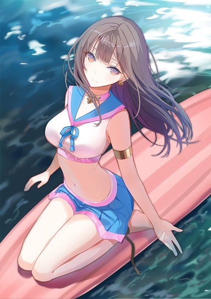 Anime picture 827x1169 with original lloule single long hair tall image looking at viewer blush fringe breasts brown hair sitting brown eyes full body outdoors pleated skirt barefoot light smile from above wind bare belly