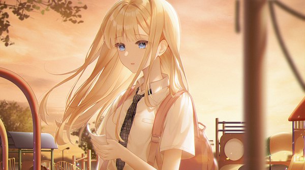 Anime picture 2000x1121 with original connie (keean2019) single long hair fringe highres open mouth blue eyes blonde hair wide image holding looking away sky upper body blunt bangs short sleeves evening girl shirt necktie