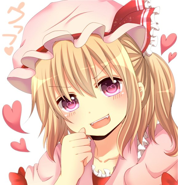 Anime picture 1024x1060 with touhou flandre scarlet yamasuta single tall image blush short hair open mouth blonde hair head tilt pink eyes one side up symbol-shaped pupils close-up girl ribbon (ribbons) hat heart hat ribbon
