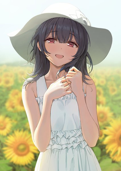 Anime picture 1200x1694 with idolmaster idolmaster shiny colors morino rinze ame (uten cancel) single long hair tall image looking at viewer fringe open mouth black hair hair between eyes red eyes upper body outdoors frilled dress girl dress flower (flowers) hat