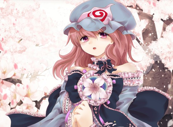 Anime picture 1744x1276 with touhou saigyouji yuyuko highres short hair pink hair pink eyes cherry blossoms girl dress flower (flowers) petals frills bonnet
