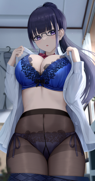 Anime picture 2152x4093 with original inaka 44 single long hair tall image looking at viewer blush fringe highres breasts open mouth light erotic black hair large breasts purple eyes payot ponytail indoors blunt bangs long sleeves