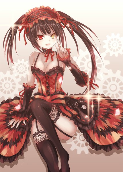 Anime picture 666x932 with date a live tokisaki kurumi asle single tall image looking at viewer light erotic red eyes sitting yellow eyes cleavage heterochromia lolita fashion uneven twintails girl thighhighs dress ribbon (ribbons) black thighhighs hair ribbon
