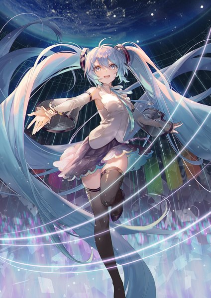 Anime picture 1000x1414 with vocaloid hatsune miku hatsune miku (nt) ouu min single tall image looking at viewer fringe open mouth hair between eyes standing twintails very long hair :d aqua eyes aqua hair standing on one leg girl thighhighs skirt