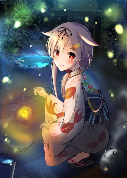 Anime picture 765x1075 with kantai collection yuudachi destroyer amagami (makise tsubaki) single long hair tall image looking at viewer blush fringe blonde hair smile red eyes holding outdoors long sleeves traditional clothes japanese clothes night wide sleeves alternate costume