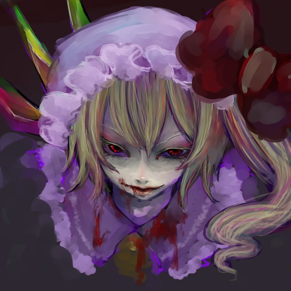 Anime picture 1771x1771 with touhou flandre scarlet tumiki single long hair looking at viewer highres blonde hair red eyes multicolored hair girl blood bonnet