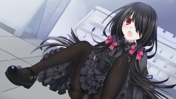 Anime picture 1280x720 with date a live tokisaki kurumi tsunako single long hair blush fringe open mouth light erotic black hair red eyes wide image twintails game cg hair over one eye official art spread legs low twintails pantyshot sitting lolita fashion