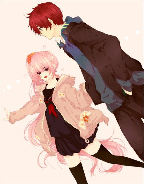 Anime picture 1049x1344 with tales of (series) tales of graces sophie (tales) asbel lhant yomonari (artist) long hair tall image fringe short hair open mouth purple eyes pink hair red hair profile hair flower pink background hand in pocket girl thighhighs boy