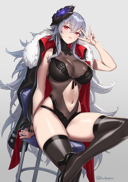 Anime picture 1062x1505 with azur lane graf zeppelin (azur lane) graf zeppelin (beachside urd) (azur lane) mismi single tall image looking at viewer fringe breasts light erotic simple background hair between eyes red eyes large breasts sitting signed payot silver hair bent knee (knees) very long hair